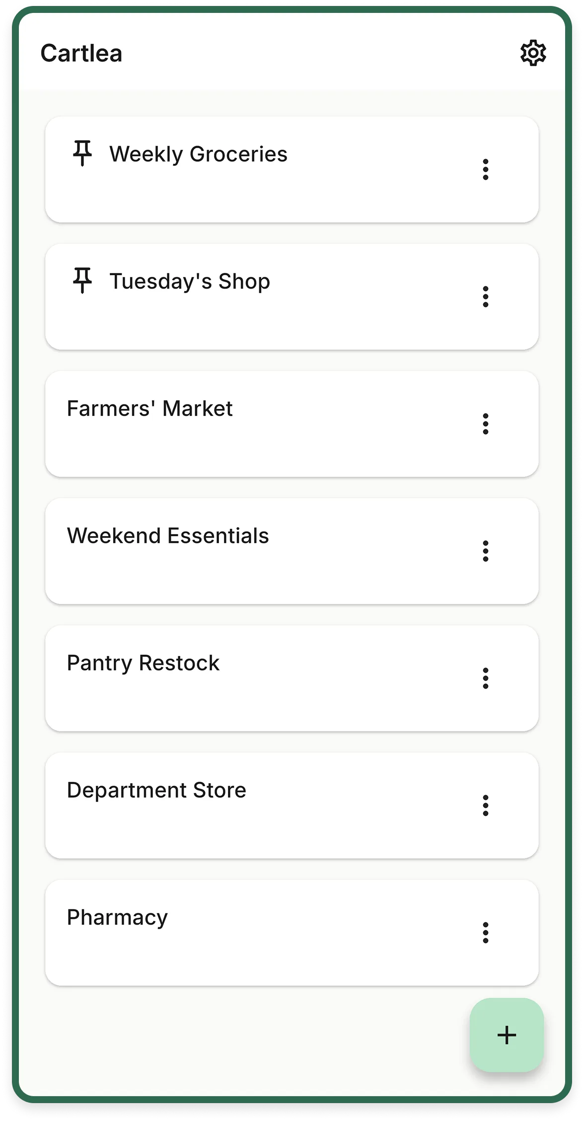 Cartlea home screen showing several shopping lists.