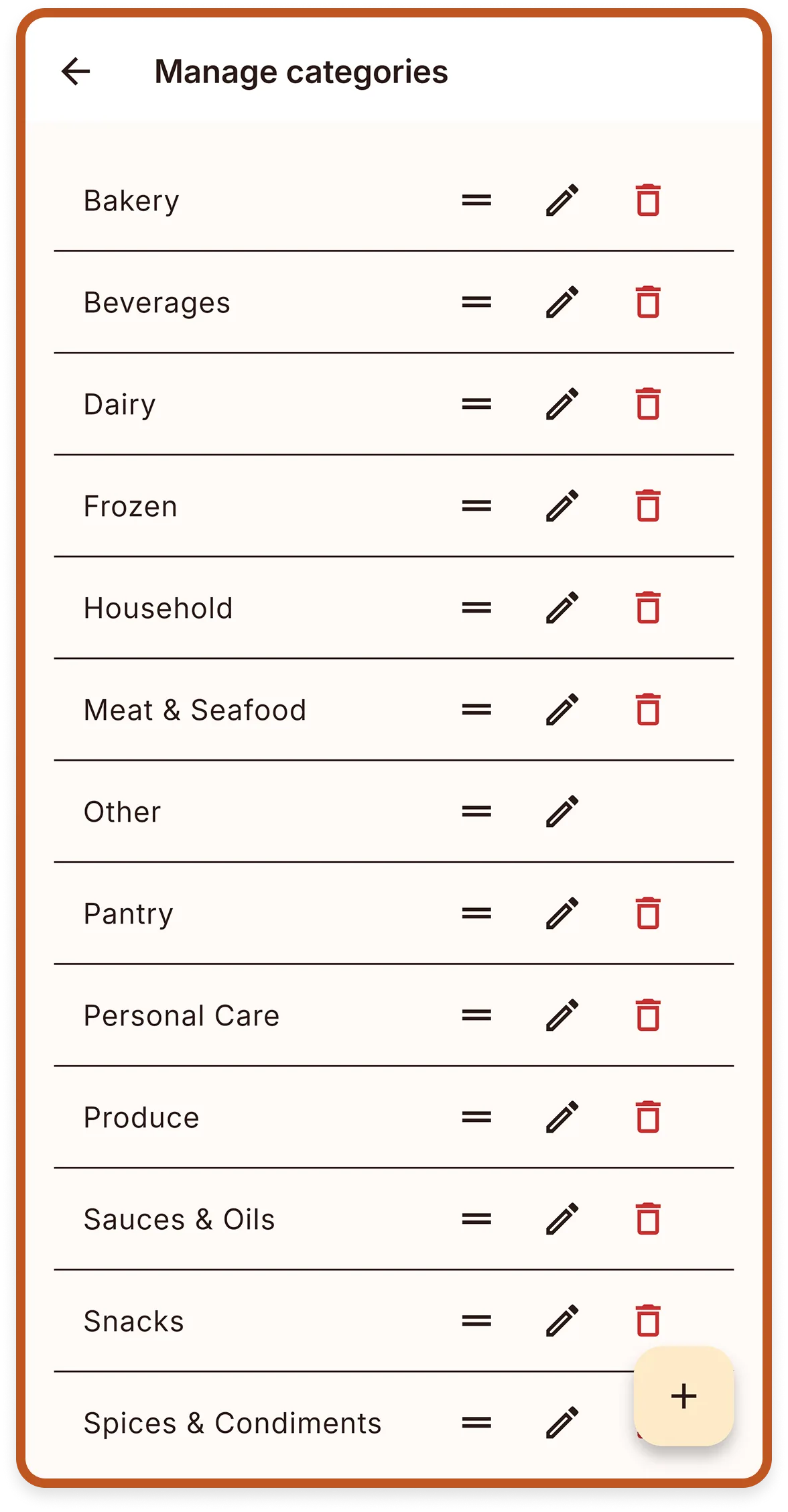 Cartlea manage categories screen showing grocery category reorder, edit, and delete controls.